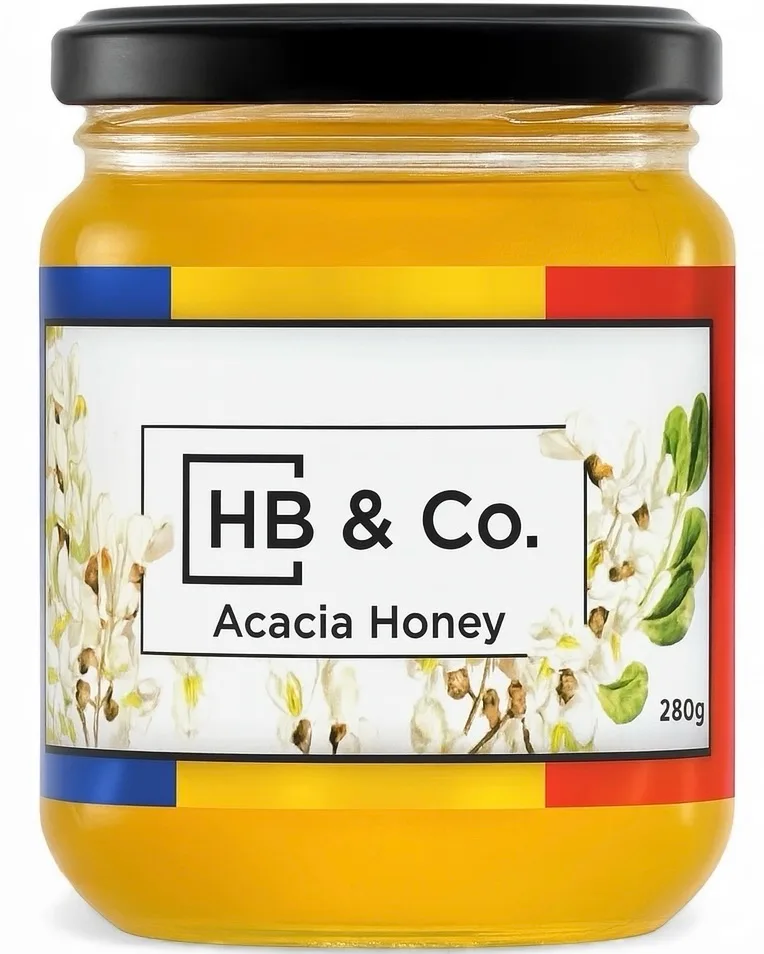 Jar of HoneyBee & Co. Acacia Honey 280g with a clear golden colour and floral label design.