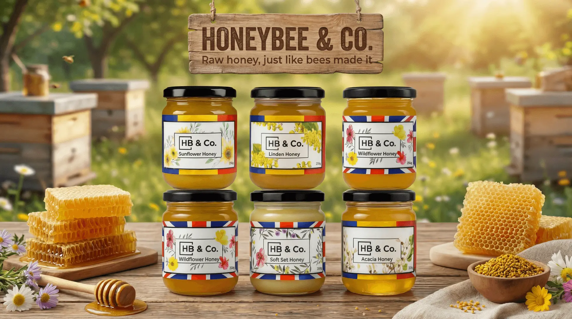 HoneyBee & Co raw honey collection including Acacia, Wildflower, Linden, Sunflower and Soft Set honey jars in a natural apiary setting