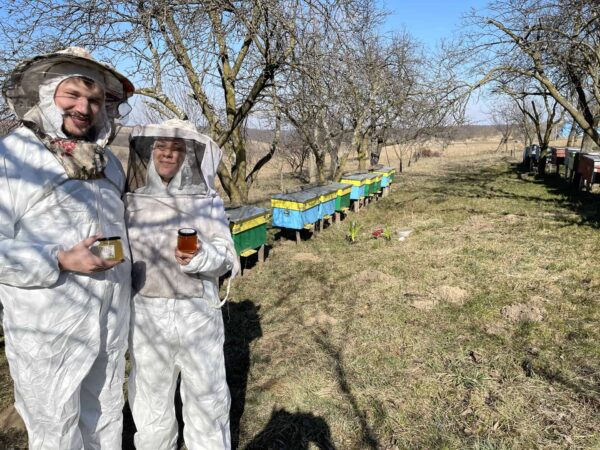 Beekeepers in protective suits standing beside colourful hives in a Romanian countryside apiary, representing HoneyBee & Co.’s sustainable beekeeping and authentic honey sourcing.
