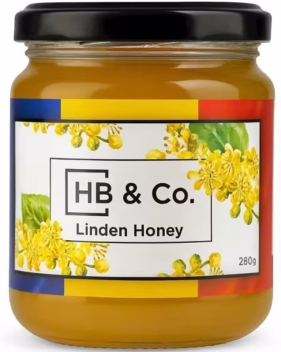 Linden Honey 1 Jar of HoneyBee & Co. Linden Honey 280g with a light golden colour and floral Union Jack label design.