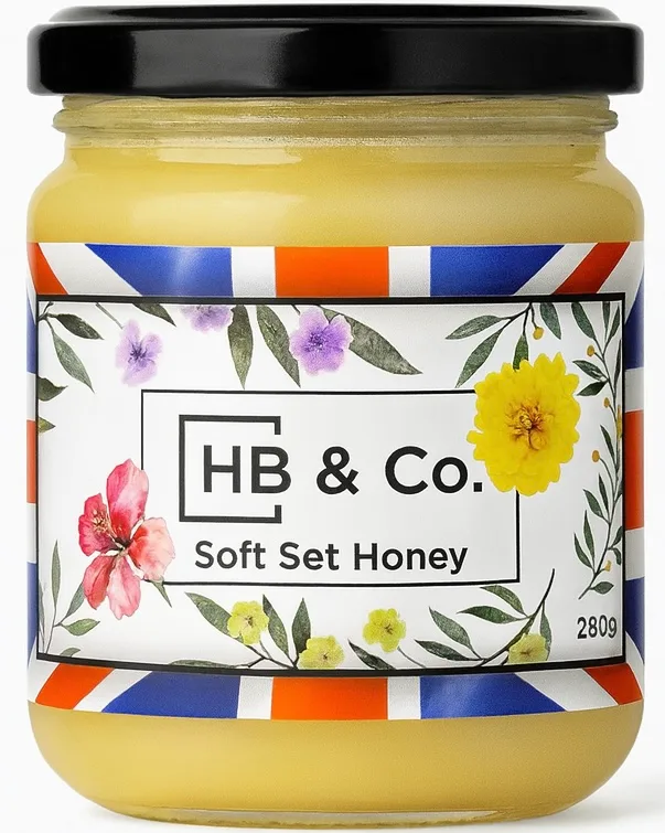 Jar of HoneyBee & Co. Soft Set Honey 280g with a creamy golden texture and floral Union Jack label design.
