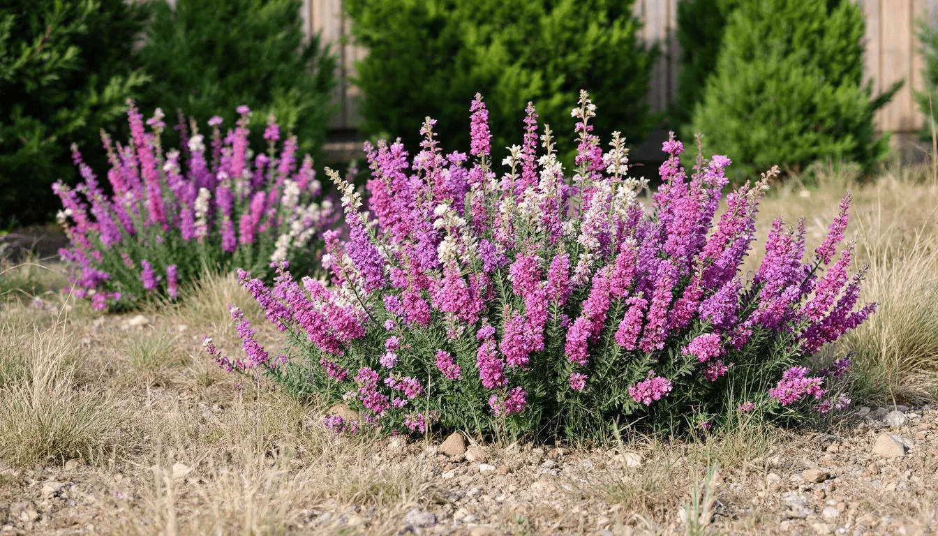 A vibrant garden scene showcases colorful heather plants in full bloom, featuring an array of purple, pink, and white flowers among small evergreen shrubs. These hardy plants thrive in acidic soil, attracting nectar-loving insects while adding beauty to the landscape throughout the growing season.