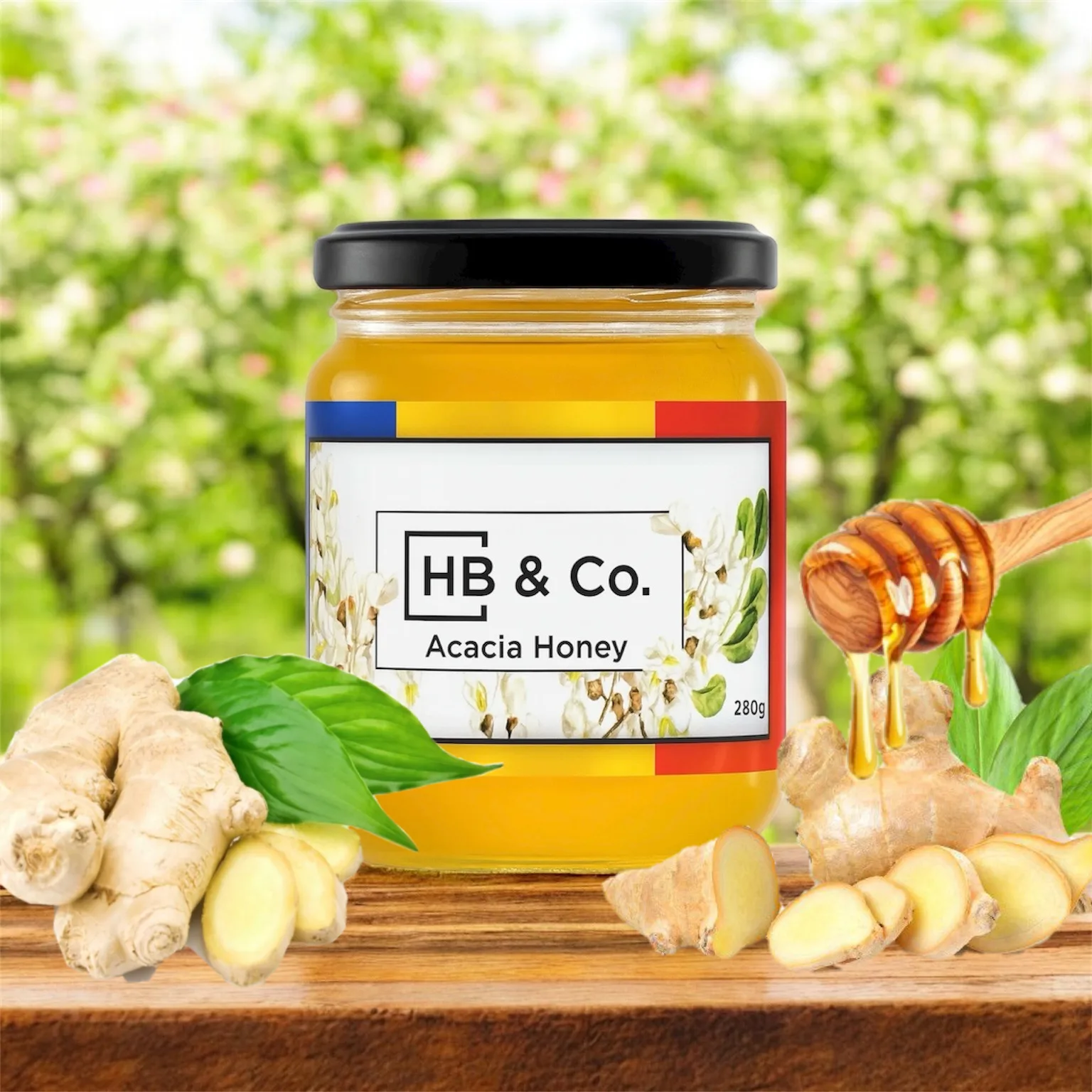 A jar of HoneyBee & Co. Acacia Honey surrounded by fresh ginger, mint leaves, and a honey dipper dripping golden honey, set against a blooming garden background.
