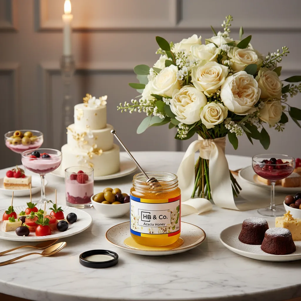 A jar of HoneyBee & Co. Acacia Honey displayed on a white marble table surrounded by elegant desserts, olives, berries, and a bouquet of white roses, creating a refined and luxurious setting.