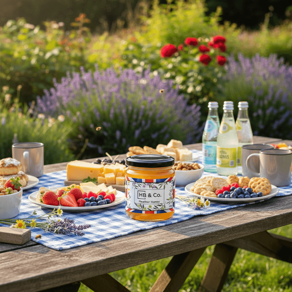 Jar of HoneyBee & Co. Heather Honey on a picnic table with fruits, cheese, and drinks in a summer garden surrounded by blooming lavender and roses.