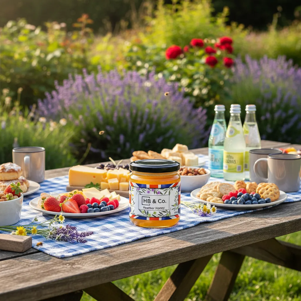 Jar of HoneyBee & Co. Heather Honey on a picnic table with fruits, cheese, and drinks in a summer garden surrounded by blooming lavender and roses.
