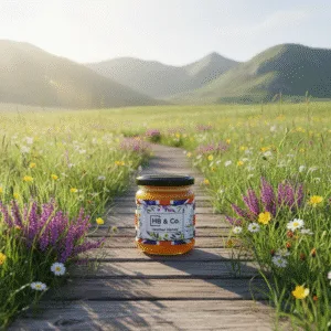 Jar of British heather honey on a wooden path through a wildflower meadow with mountains in the background