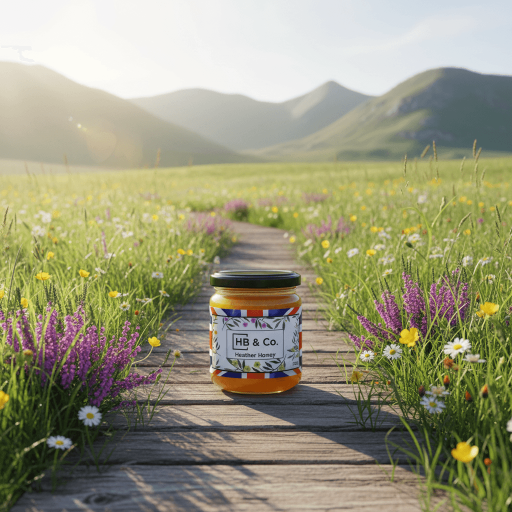British Heather Honey – HoneyBee & Co. Jar of British heather honey on a wooden path through a wildflower meadow with mountains in the background
