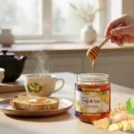 Solid State of Raw Honey. A jar of HoneyBee & Co. honey with a honey dipper drizzling honey over toast beside a steaming cup of tea.