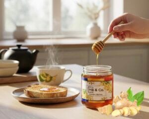 Solid State of Raw Honey. A jar of HoneyBee & Co. honey with a honey dipper drizzling honey over toast beside a steaming cup of tea.