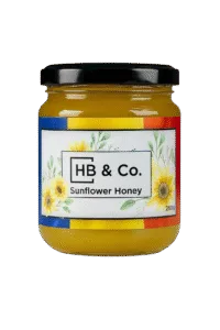 HoneyBee & Co. Sunflower Honey jar with sunflower label design