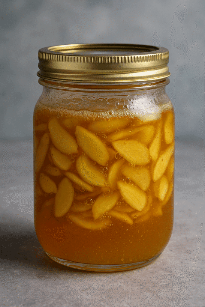 A glass jar filled with sliced ginger submerged in golden honey, showing small fermentation bubbles, placed on a light grey surface with soft, warm lighting.
