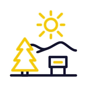House, trees, and sun landscape icon.