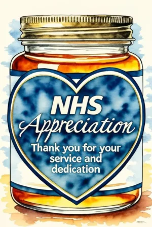 NHS Appreciation jar filled with honey and a heart-shaped label thanking staff for their service and dedication