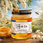Kosher Honey Explained 7 Traditional wooden beehives in a green countryside meadow surrounded by trees and wildflowers, representing sustainable beekeeping by HoneyBee & Co.