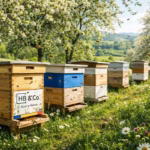 Kosher Honey Explained 8 Wooden beehives in a lush green countryside surrounded by flowering trees and wild meadow flowers, representing HoneyBee & Co.’s sustainable beekeeping.