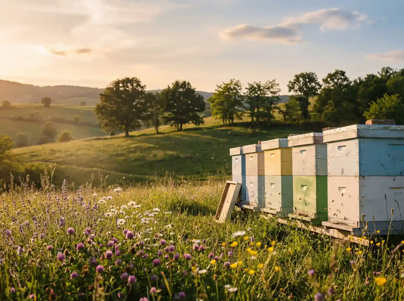 Beehives in a wildflower meadow at golden hour - where HoneyBee and Co. raw honey begins