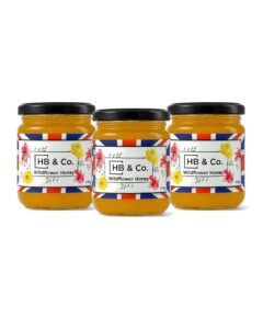 Natural wildflower honey in three jars with colourful labels.