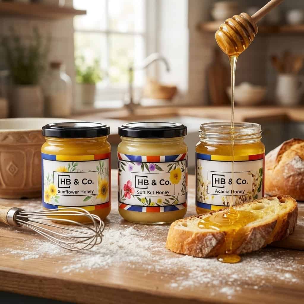 Pain au miel fraîchement cuit, à la croûte dorée, à base de miel brut HoneyBee and Co.