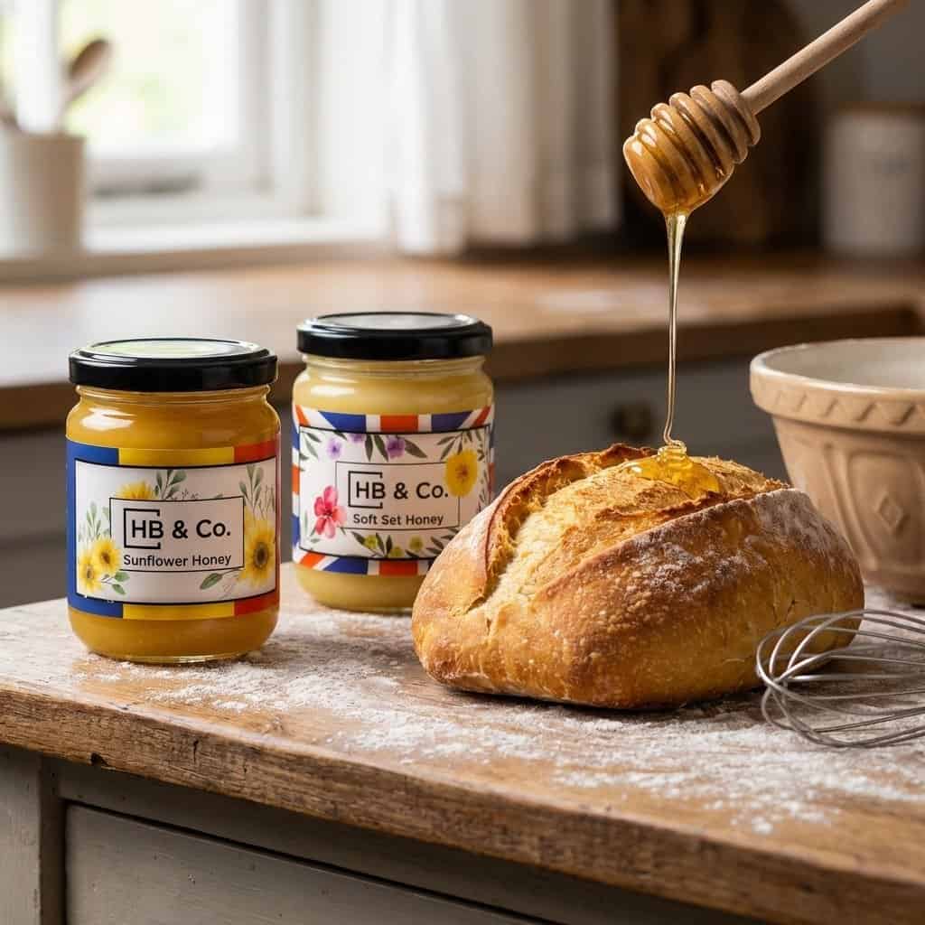 Selezione di miele di Baker's Kitchen con pane fresco e vasetti di miele per la panificazione