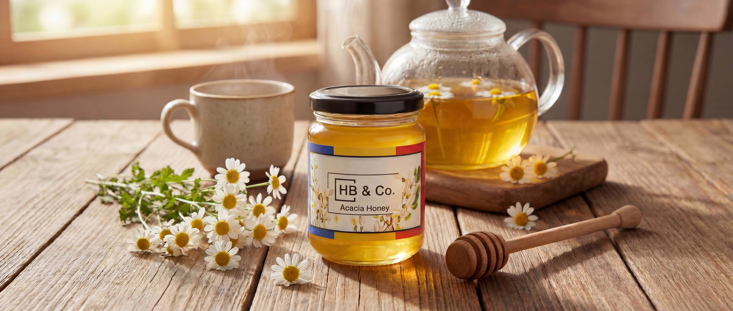 Pot de miel en acacia HoneyBee and Co à côté d'une théière en verre contenant du thé à la camomille et des fleurs de camomille fraîches sur une table en bois.