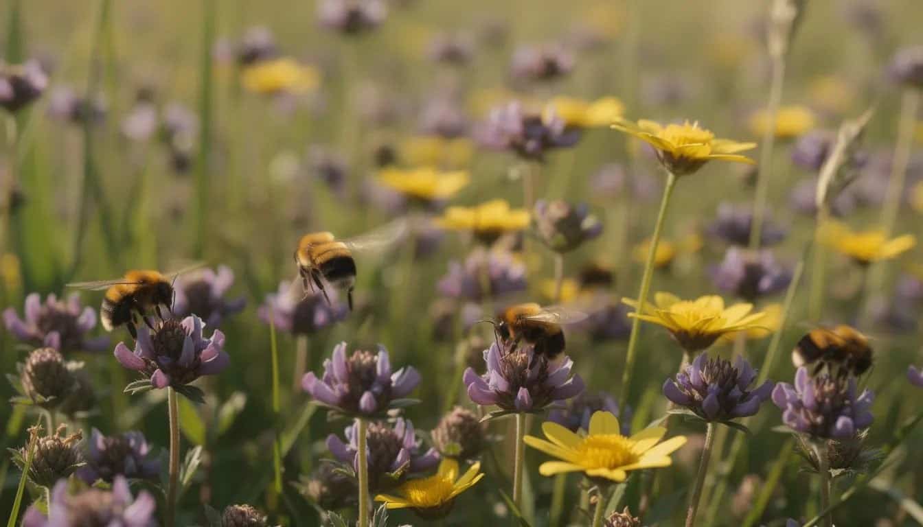 Bourdons butinant dans une prairie de fleurs sauvages du Royaume-Uni avec du trèfle violet et des boutons d'or jaunes, illustrant la diversité des sources de nectar qui soutiennent les pollinisateurs.