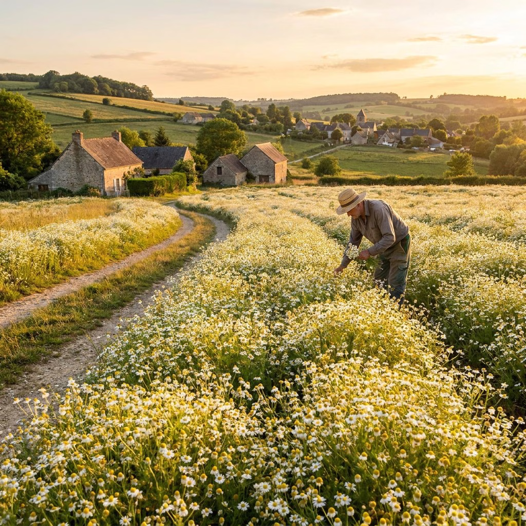 Récolte manuelle de fleurs de camomille dans un champ à l'heure dorée
