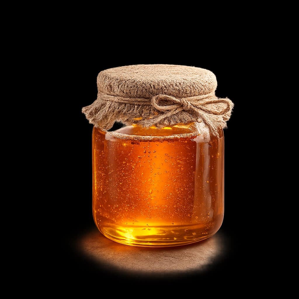 Un pot de miel brut HoneyBee and Co. sur un plan de travail de cuisine, prêt pour la cuisson.