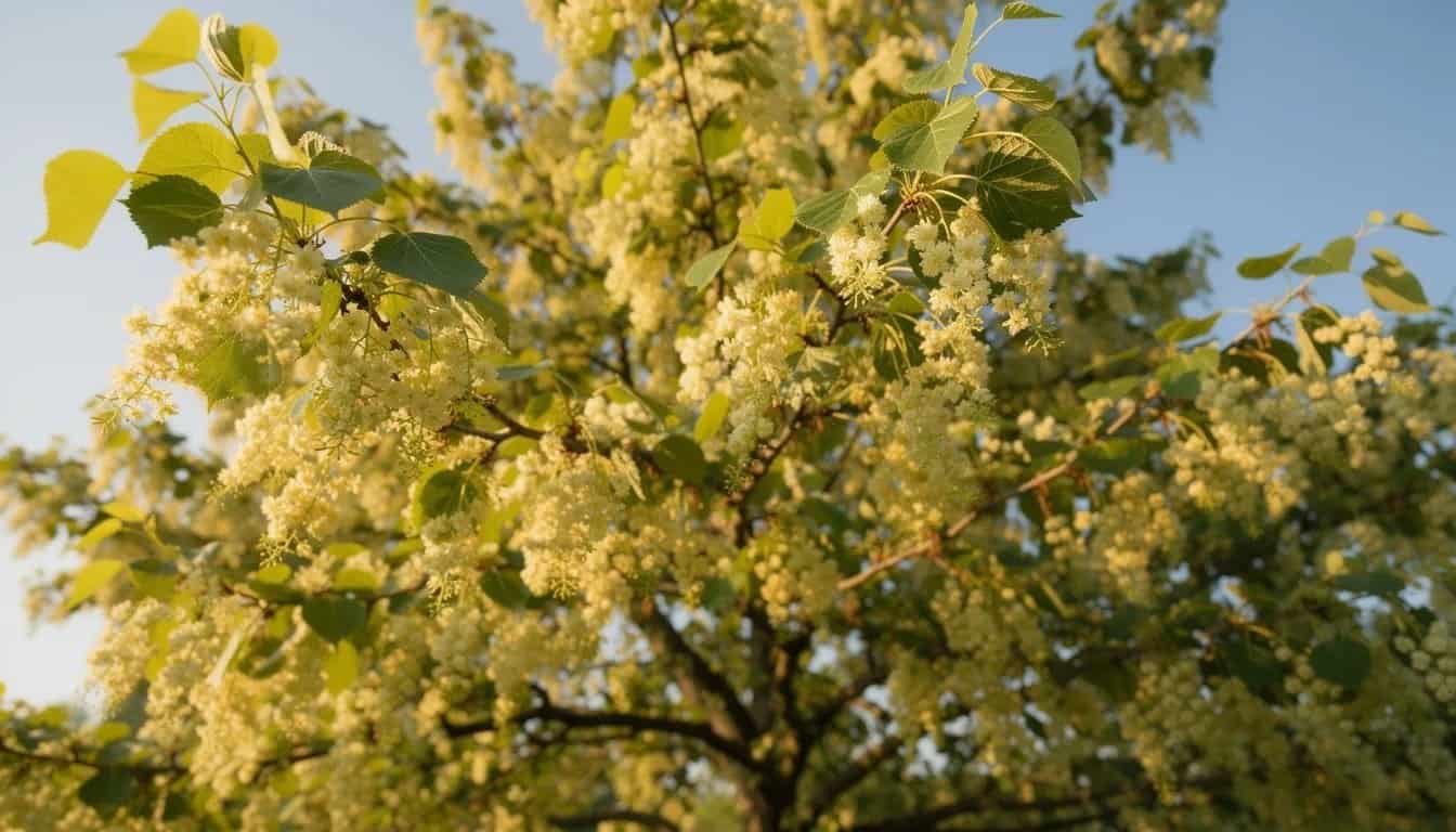 Tilleul en pleine floraison estivale, montrant les grappes de fleurs jaune pâle qui produisent le nectar de miel le plus caractéristique d'Europe.