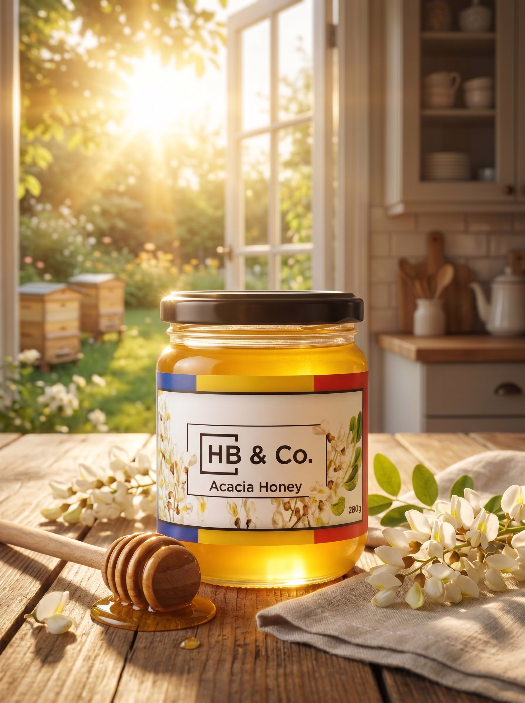 A 280g jar of HoneyBee & Co. raw acacia honey on a kitchen counter