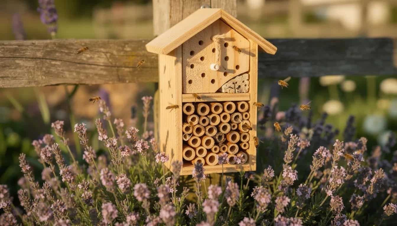 Hôtel à abeilles solitaires en bois monté sur un poteau de clôture entouré de lavande, avec plusieurs abeilles volant autour de l'hôtel, montrant comment soutenir les espèces d'abeilles sauvages dans un jardin.
