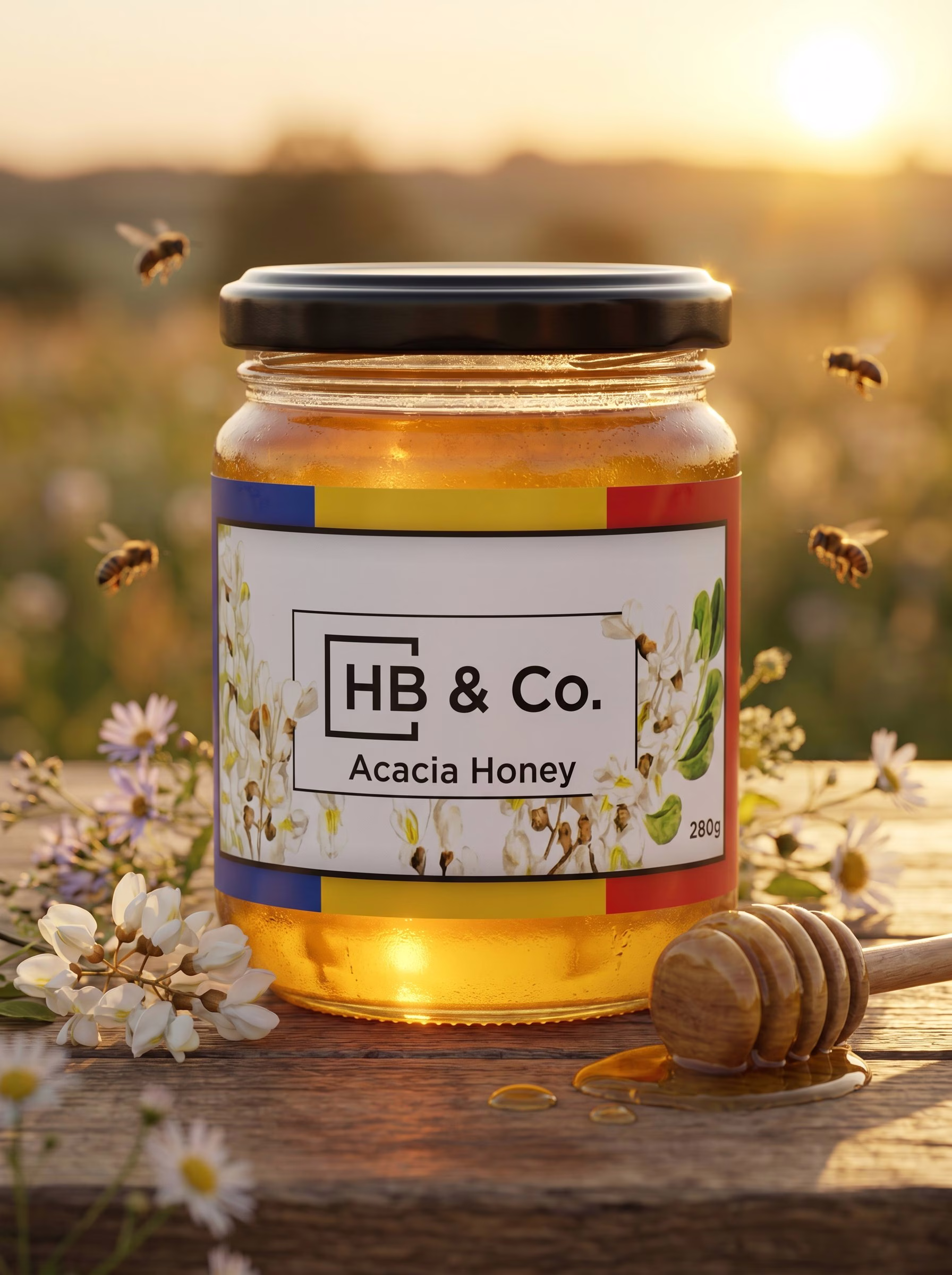 HoneyBee and Co Pot de miel en acacia entouré de fleurs d'acacia avec des abeilles volant à l'heure dorée en Transylvania