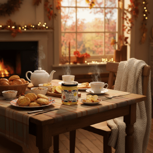 Raw Honey. Jar of HoneyBee & Co. Soft Set Honey on a cosy autumn breakfast table with tea, biscuits, and warm light from a fireplace in the background.